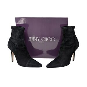 Retro Jimmy Choo Pointed Toe Ankle Boots Black Vintage Suede Stiletto Heel IT 38
